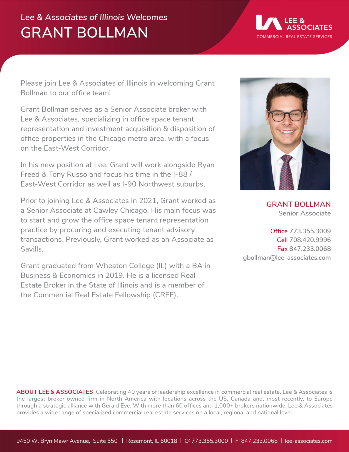 Lee & Associates of Illinois Welcomes Grant Bollman to Office Brokerage ...